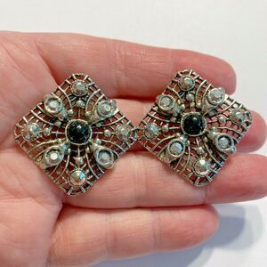 Vintage Pierced Earrings Silver & Black Beads